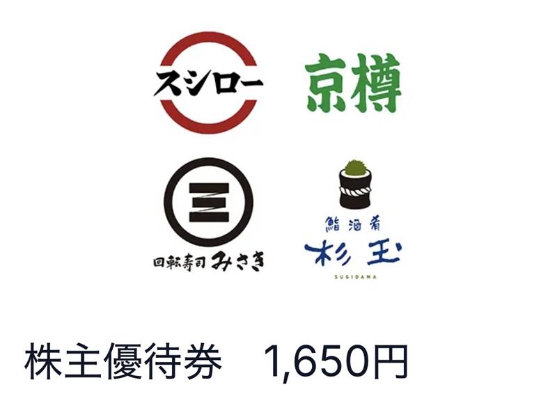 スシロー　1650円　電子チケット株主優待券　あきんど　回転寿司　京樽　格安販売のチケットセンター
