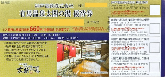有馬温泉太閤の湯　優待券（神戸電鉄/神鉄 株主優待券）　格安販売のチケットセンター
