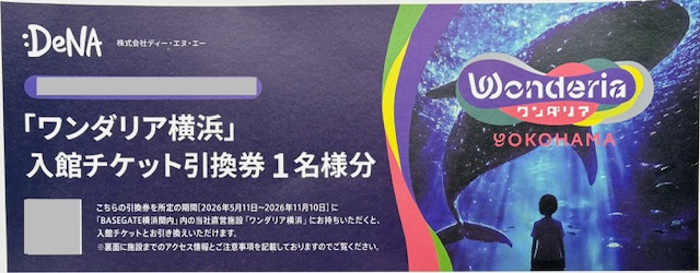 ワンダリア横浜　入館チケット引換券　DeNA株主優待　Wnoderia　格安販売のチケットセンター